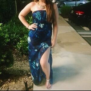 Blue Tropical Print Strapless Dress